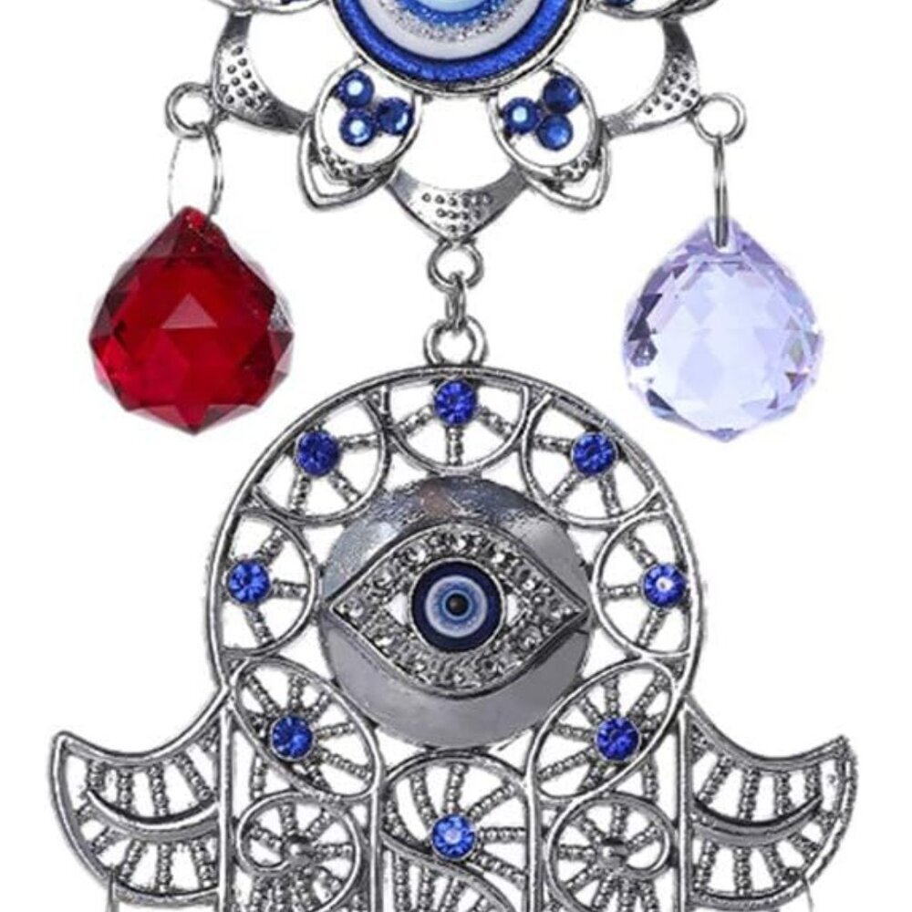 Hamsa Hand with Blue Evil Eye Protection Hanging Crystal Ornament with Chakra En